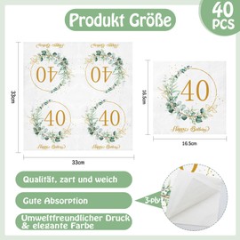 Xunerloy Napkins 40th Birthday Pack of 40, 40th Birthday Decoration Napkins Eucalyptus Green Man Woman Birthday Party Table Decorations