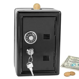 Safe Box Piggy Bank with Lock and Key, 7" H x 4.7" Lx 3.9" W Unbreakable Stainless Steel Cash Coins Saving Box, Piggy Jar Container Money Coin Change Saving Bank for Kids Adults Birthday Gift(Black)