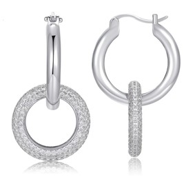 Double Hoop Chunky Drop Earrings in Silver | Removable Pave Crystal Interlocking Loop Earrings | Open Circle Round Hoop Statement Earrings | CZ Drop Dangle Earrings
