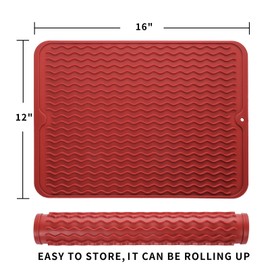 MicoYang Silicone Dish Drying Mat for Multiple Usage,Easy clean,Eco-friendly,Heat-resistant Silicone Mat for Kitchen Counter or Sink,Refrigerator or Drawer liner Red L 16 inches x 12 inches