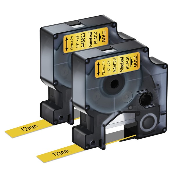 NineLeaf 2 Pack Black on Gold Label Tape Refill Compatible