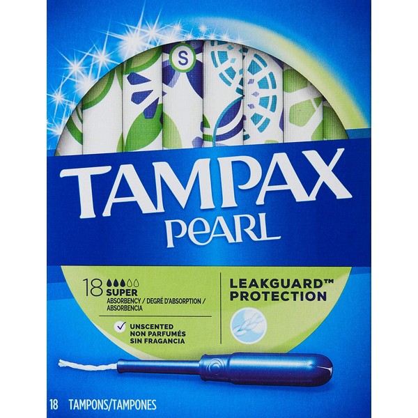 Tampax Pearl Tampons with Plastic Applicator, Super Absorbency, Unscented, 18 Count