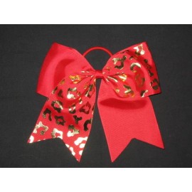 "Handmade" NEW "GOLD CHEETAH Red" Tick Tock Cheer Bow Pony Tail Ribbon Girls Cheerleading