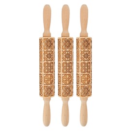 3pcs Wooden Embossed Rolling Pin Engraved Embossing Dough Roller for Baking Pizza Biscuits Pasta