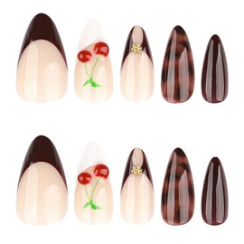 QQPPOLIU Almond Nails Press on French Tips Brown Fake Nails with Leopard Print and Cherry Designs for Women and Girls 24pcs