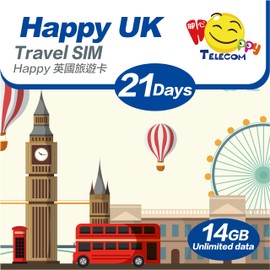 Happy 5G UK 21 Days Unlimited Data Travel Sim Card | 3UK Network | No Daily Limit | 14GB of 5G High-Speed Data Then 128kbps | No Registration | Easy Activation