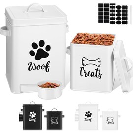 Teenyyou 2 Pcs Metal Dog Treat Containers with Airtight Lids and Spoon 7+3 Lbs Dog Food Snack Jars with DIY Labels Big Pet Cookie Storage Jar for Kitchen Counter (White)