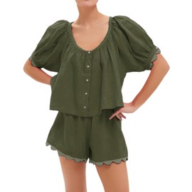 VAOYIU Women's Casual Elegance Two-Piece Linen Outfit Set with Scalloped Hem Summer Round Neck Puff Short Sleeve Top (Green-XL)