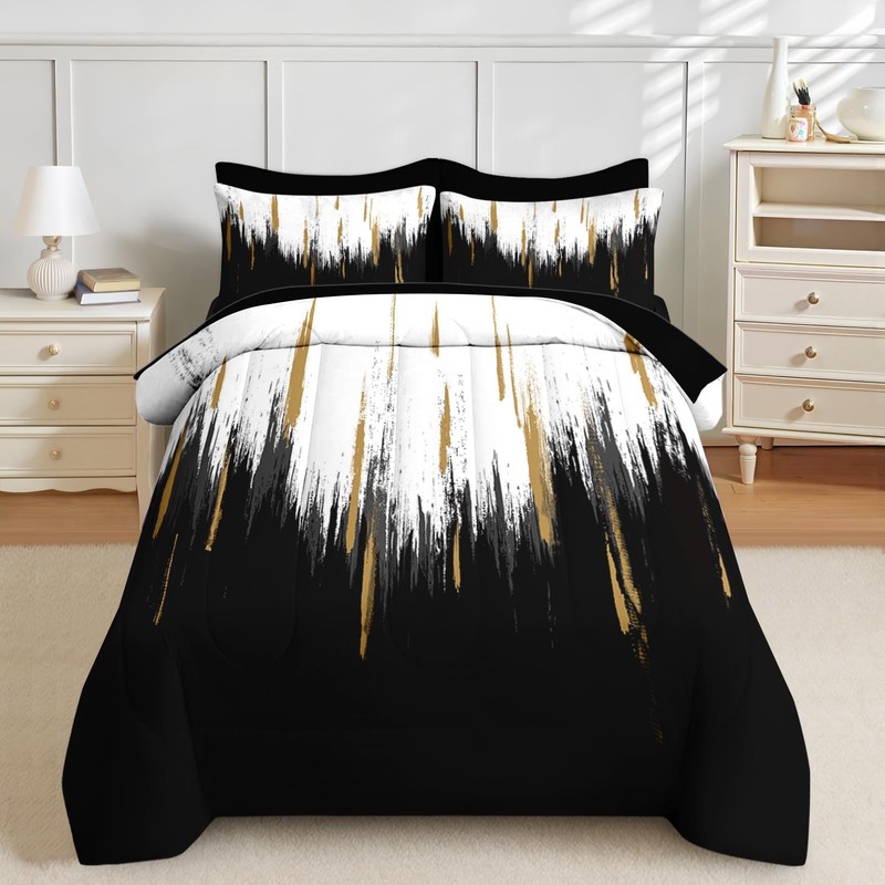 Nesker Comforter Set Queen Size, Black Gold White 7 Pcs