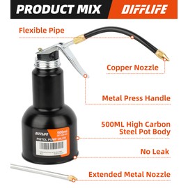 DIFFLIFE Oil Can Transparent High Pressure Oiler Lubrication Oil Can Bottle Oiling Gun with Rigid & Flex Spout Thumb Pump Tool Oiler (Black-500ml)-17 OZ.
