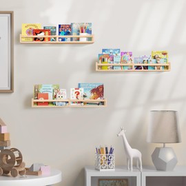 birola Nursry Shelves 32 inches Set of 3,Wood Floating Nursery Book Shelves for Wall,Wall Bookshelves for Kids,Transform Your Nursery into a Safe & Stylish Haven with Natural Wood Floating Shelves.