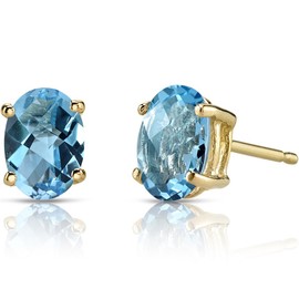 Peora 14K Yellow Gold Swiss Blue Topaz Earrings for Women, Genuine Gemstone Classic Solitaire Studs, 7x5mm Oval Shape, 2 Carats total, Friction Back, Blue Earrings, December Birthstone Earrings
