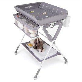 BABY JOY Portable Baby Changing Table, Foldable Diaper Changing Station with Wheels, Adjustable Height, Large Storage Rack, Trash Can, Mobile Nursery Organizer for Newborn Infant (Gray)