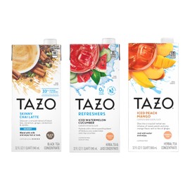 TAZO Tea Concentrate, Organic Skinny Chai Latte, Refreshers Iced Watermelon Cucumber, & Iced Peach Mango 32 Fl Oz (1ea) (Variety Pack)
