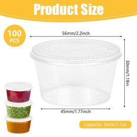 ADERTOS 100 PCS Sauce Pots with Lids, 50ml/2oz Hinged Sauce Cups Round Food Container Pots Clear Small Deli Pot Reusable Jelly Shot Cups Plastic Leakproof Food Cups Takeaways Containers for Chutney