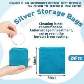 Geosar 24 Pcs Silver Storage Bags, Christmas Anti Tarnish Jewelry Zippered Pouches Keeper, for Silverware Protector Bags(4 x 4 Inch,Peacock Blue)