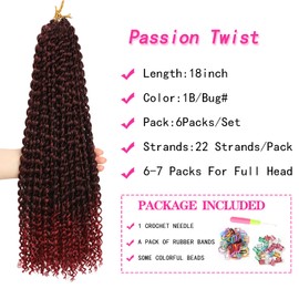 Ubeleco Passion Twist Hair,18 Inch Water Wave Crochet Hair for Women 6 Packs Ombre Burgundy Passion Twist Crochet Hair Long Bohemian Synthetic Curly Braiding Hair Extensions(6pcs,1B/Bug)