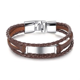VersaKits Mens Leather Bracelet Stainless Steel Charm Multilayered Brown Braided Leather Bracelet Gift for Men