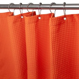 Waffle Shower Curtain with Metal Shower Curtain Rings, Fabric Textile Bath Curtain, Anti Mould Bathroom Curtain Set, Waterproof Bath Curtain Heavy Shower Curtain Bathroom – 92 x 182 cm (Orange)