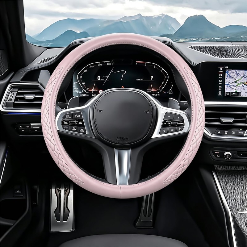 14.5-15 Inch Steering Wheel Cover Non-Slip Leather, Pink