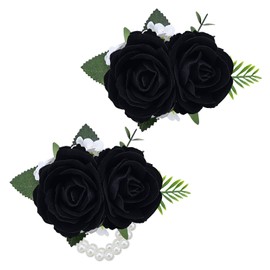Vkkperp 2Pcs Black Artificial Rose Wrist Corsage Wristlet Band and Boutonniere Set, for Wedding Bride Bridesmaids Men Groom Groomsmen Flowers Accessories Prom Party Suit Decor