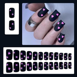 RIICFDD Heart Press on Nails Medium Square Fake Nails 24 Pcs Valentine Press on Nails Matte Black Glue on Nail Full Cover Pink Heart False Nails Stick on Nails for Women Acrylic Nails