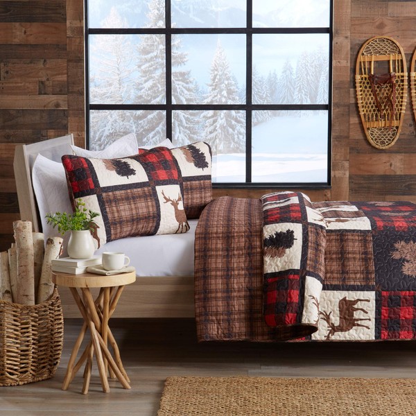Great Bay Home Lodge Bedspread King Size Quilt with 2 Shams. Cabin 3-Piece Reversible All Season Quilt Set. Rustic Quilt Coverlet Bed Set. Stonehurst Collection. (Red/Black)