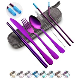 Travel Utensils Set with Case Reusable Portable Cutlery Set Stainless Steel 8pcs Including Dinner Knife Fork Spoon Chopsticks straws (Purple)