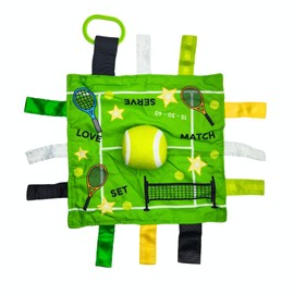 Baby Jack & Co - Manta sensorial de felpa para deportes de tenis de 10 x 10 pulgadas, juguetes de etiqueta para bebés, juguetes de carriola de bebé, aprenda formas, letras y colores, juguete perfecto