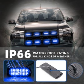 PKINGLAKE 8pcs Sync Feature Emergency Strobe Grille Lights LED Ultra Slim Surface Mount Flashing Hazard Warning Light Bar with Controller for Firefighter/Construction/Trucks/Vehicles/Car (Blue)