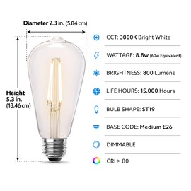 Feit Electric ST19 Vintage Edison LED Light Bulb, 100W Equivalent, Dimmable, 2700K Soft White, 1490 Lumens, E26 Base, Retro Filament Light Bulbs, 15,000-Hour Lifetime, ST19100CL/927CA/2/4, 8 Pack