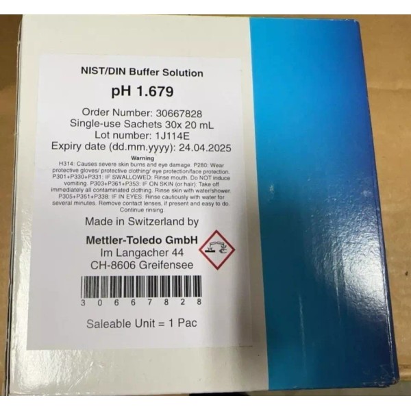 Mettler-Toledo NIST/DIN buffer pH 1.679 30x20mL, Mettler-Toledo GmbH, 30667828