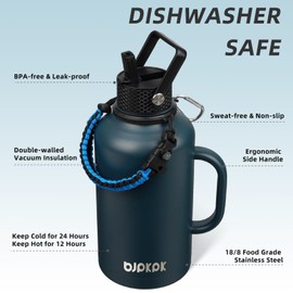 BJPKPK Half Gallon Insulated Water Bottles with Straw Lid & Side Handle, 50oz, 64oz, 87oz, 128oz Large, Stainless Steel Water Bottles with 3 Lids and Paracord Strap, Metal Water Jug,Navy Blue