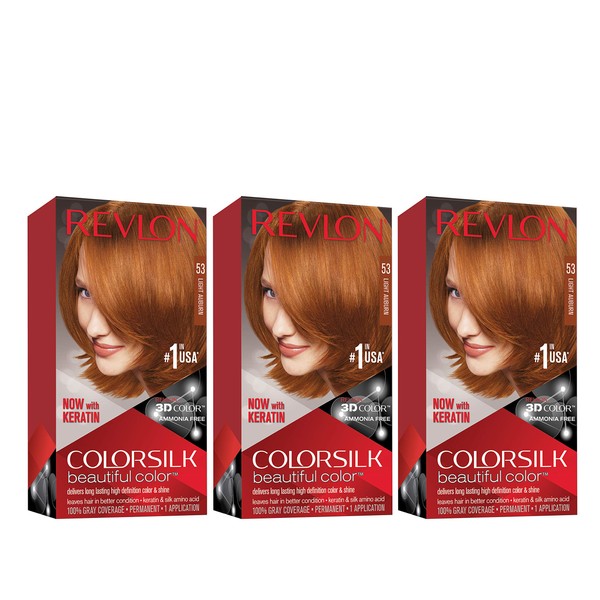 Revlon Colorsilk Beautiful Color Permanent Hair Color with 3D Gel Technology & Keratin, 100% Gray Coverage Hair Dye, 53 Light Auburn, 4.4 oz (Pack of 3)