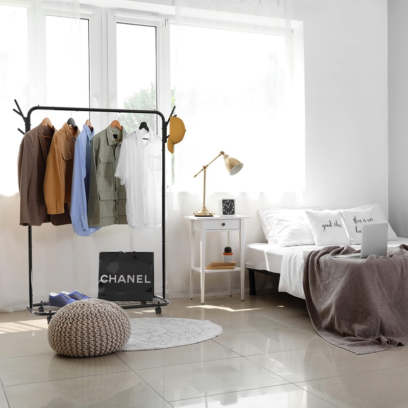 Simple Houseware Industrial Style Garment Rack With Wheels And Hooks,