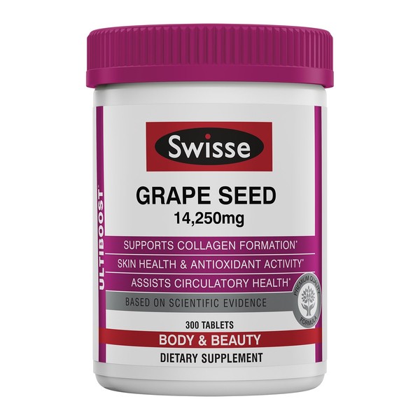 Swisse Ultiboost Grape Seed Supplement | Promotes Skin Health & Collagen Production | Improves Circulation & Potent Antioxidant & Vitamin C | 300 Tablets