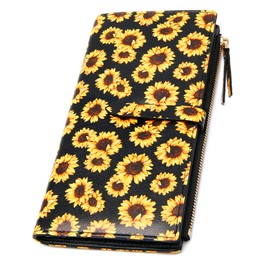 YOUBDM Slim Wallets for Women Credit Card Holder RFID Bifold Clutch Wallets Checkbook with Zipper Pocket, Sunflower, Minimalist