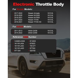 VANBOL Electronic Throttle Body Assembly Compatible with Nissan Titan 17-22, Titan XD 16-21, Armada 17-22, NV2500 NV3500, for Infiniti QX56 QX80 V8 5.6L, Replace 161191LA0D S20182