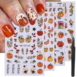 8 Sheets Pumpkin Nail Art Stickers 3D Self-Adhesive Autumn Leaves Nail Decals Fall Bumper Harvest Fruit Pumpkins Nail Designs Supplies Thanksgiving Nail Stickers for Women Girls Nail Art Decoration