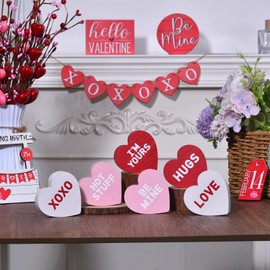 Wooden Valentines Day Decor Heart Blocks, 6PCs Freestanding Wood Heart Signs for Valentine Decorations, Heart Shape Table Blocks for Tiered Tray Decor, Rustic Farmhouse Valentine Decor for Home (6pcs)