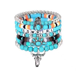 DATOA Western Turquoise Beaded Stretch Bracelet Bohemian Bull Head Cow Cactus Flower Boot Charm Stackable Bracelet Y2K Summer Beach Jewelry-B