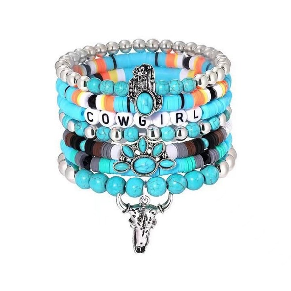 DATOA Western Turquoise Beaded Stretch Bracelet Bohemian Bull Head Cow