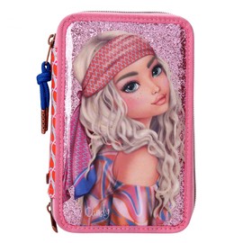 Depesche 11977 TOPModel Seventies - Filled 3-Compartment Pencil Case with Glitter, Model Motif and Heart Pattern, Pencil Case in Pink with Colouring Pencils, Ruler, Scissors and Much More