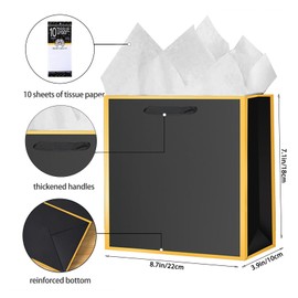 SHIPKEY 10 Pcs Luxury Black Bags with Tissue Paper, Gift Bags for Men, Groomsmen Proposal Bags 8.7x3.9x7.1 Inches Kraft Paper Bags with Handles Bulk| Black Paper Bags with Gold Frame