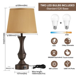 Luvkczc 22" Table Lamp Set of 2 - Farmhouse Vintage Brown Bedside Lamp with Brown Fabric Shade, 3-Way Dimmable, USB C+A Ports, Nightstand Lamp for Living Room Bedroom (Bulb Included)