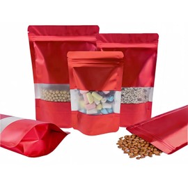Rimiko 50pcs Resealable Stand up Foil Pouches with Clear Window, Zipper Aluminum Ziplock Bags, Mylar Bags for Food Storage, Colorful Matte Packaging for Candy Coffee Beans (Red, 6.3"x 9.5")
