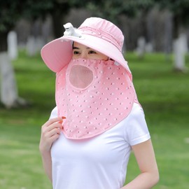 Wide Brim Sun Hat Face Cover Neck Flap Breathable Rechargeable Bucket Hat with Fan for Cycling Camping Running Pink Free Size