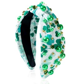 St. Patrick's Day Headband - Green Headband ，Embellished Pearl and Rhinestone Knotted Headband, Shamrock Headband Irish Holiday Gifts, St Patricks Day Headband Women(Blue Green）