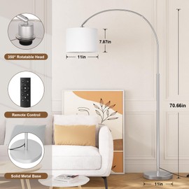 Ambimall 70" Dimmable Arc Floor Lamp with Remote, Color Temperatures and Brightness Adjustable, Arched Floor Lamp with Rotating Head, Over Couch Arched Reading Light for Living Room (White and Silver)
