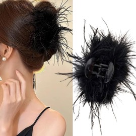 Black Feather Hair Clip Ostrich Fluffy Clips Ponytail Clamps Shark Clip for Women Daily Dress Up Valentine's Day Carnival Birthday Hairpin Hair Accessories